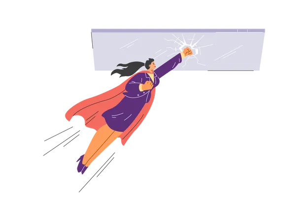 Female superhero in a cape breaking a glass ceiling  Illustration