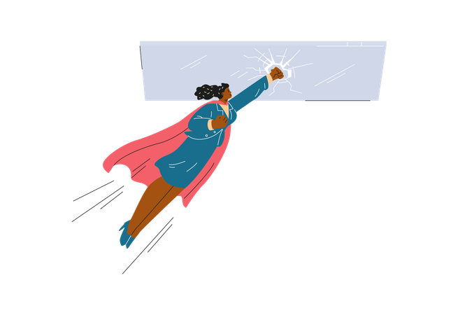 Female superhero in a cape breaking a glass ceiling  Illustration