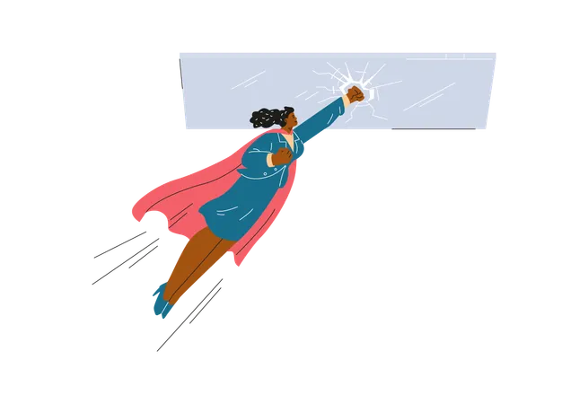 Female superhero in a cape breaking a glass ceiling  Illustration