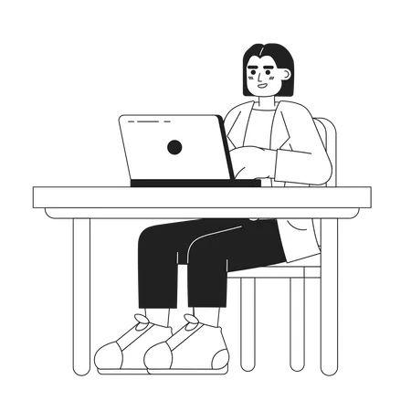 Hispanic Female Supervisor Sitting With Laptop Black And White 2 D Cartoon Character Laptop Business Woman Typing Workplace Isolated Vector Outline Person Monochromatic Flat Spot Illustration Illustration