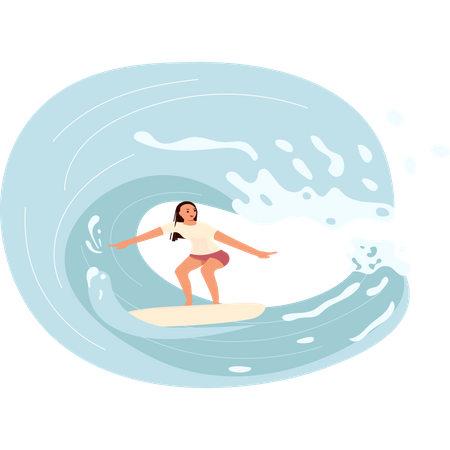 Female surfer rides the Barreled Rushing Wave Illustration