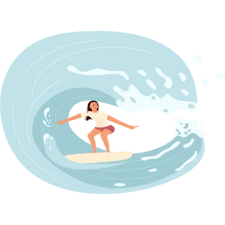 Female surfer rides the Barreled Rushing Wave  Illustration