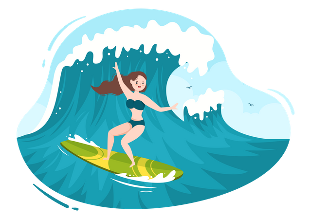 Female surfing in sea Illustration