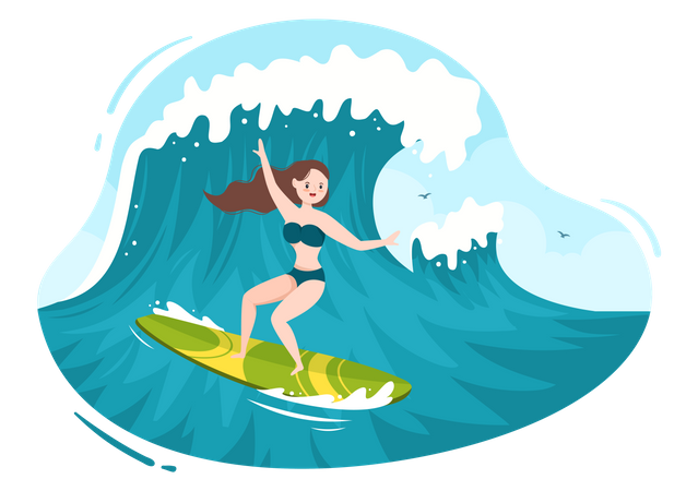 Female surfing in sea  Illustration