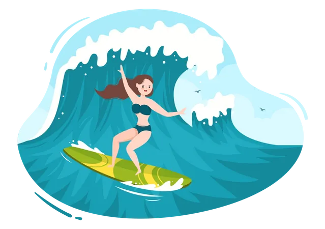 Female surfing in sea  Illustration