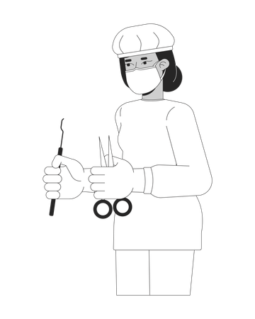 Female surgeon in blue scrubs holding surgical tools  Illustration