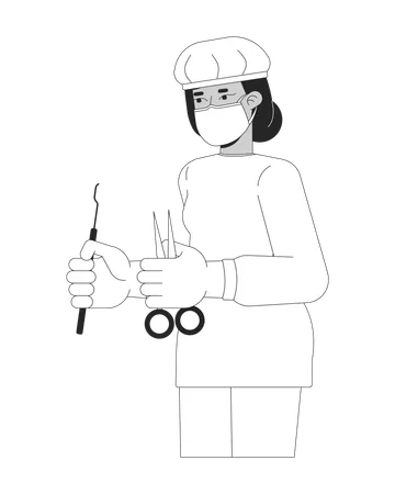 Female surgeon in blue scrubs holding surgical tools  Illustration