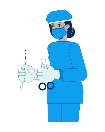 Female surgeon in blue scrubs holding surgical tools  Illustration