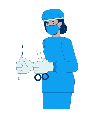 Female surgeon in blue scrubs holding surgical tools  Illustration