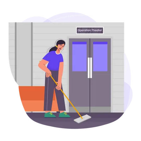 Female sweeper doing work at hospital Illustration
