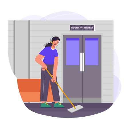 Female sweeper doing work at hospital  Illustration