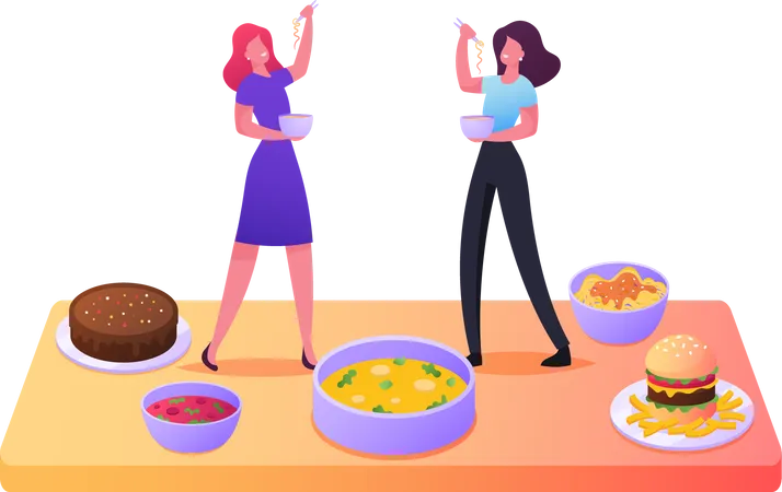Female Tasting food Dishes Illustration