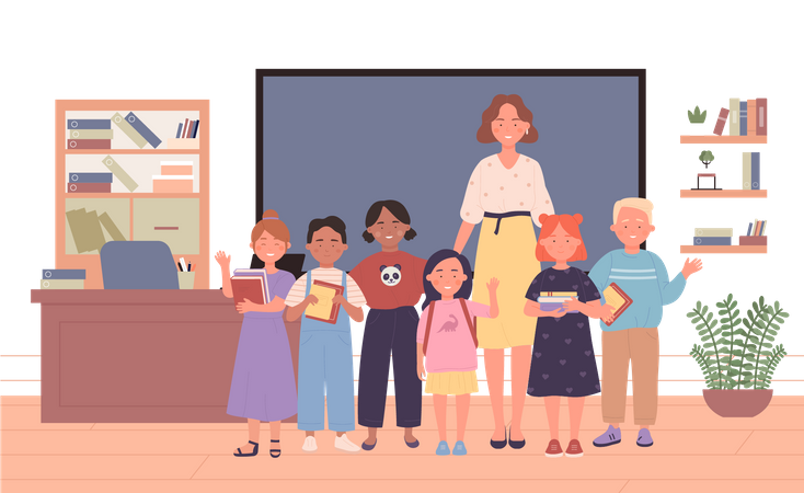 Female Teacher and kids in schoolroom  Illustration