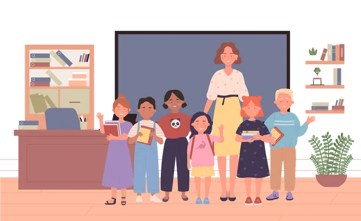 Female Teacher and kids in schoolroom  Illustration