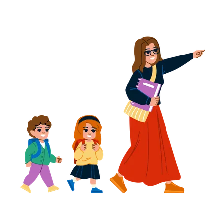 Female teacher and kids on school trip  Illustration