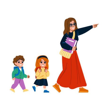 Female teacher and kids on school trip  Illustration