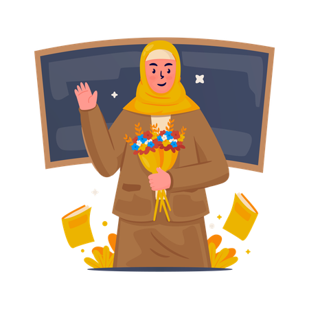 Female teacher getting a bouquet of flowers  Illustration