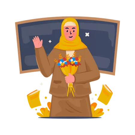 Female teacher getting a bouquet of flowers  Illustration