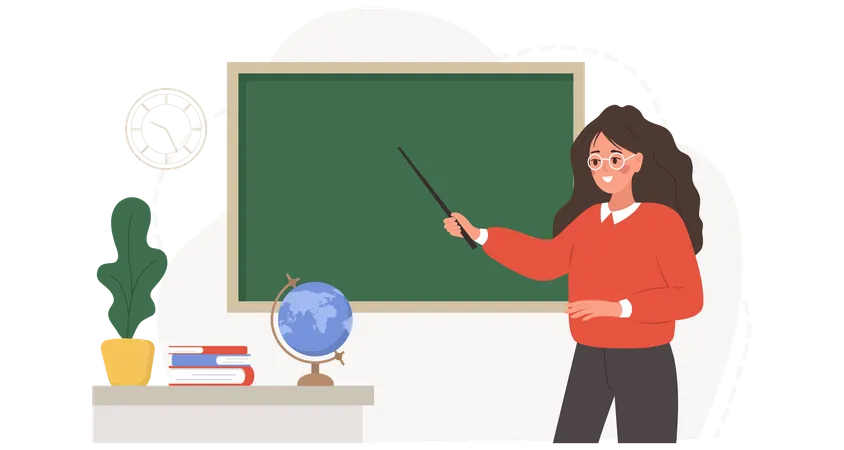 Female Teacher In Classroom Pedagogue With Pointer At Chalkboard School And College Concept Vector Illustration In Flat Cartoon Style イラスト