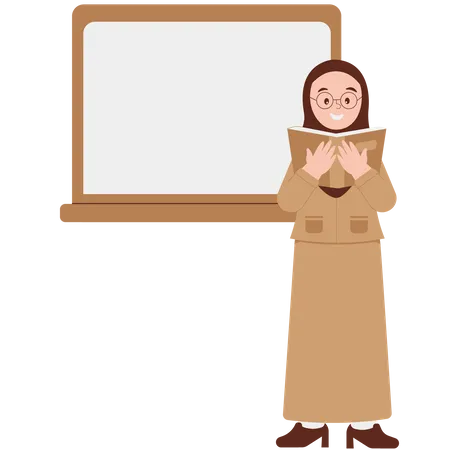 Female Teacher in Hijab Reading Textbook  Illustration