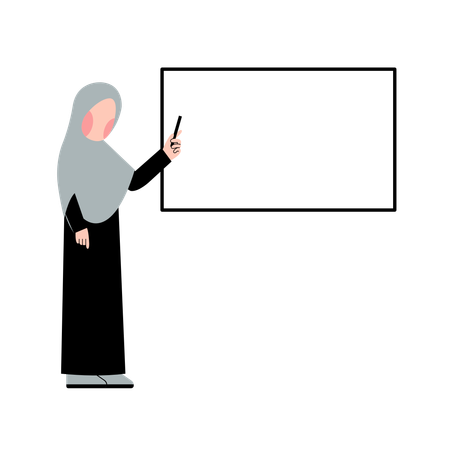 Female teacher is explaining chapter stepwise on blackboard  Illustration