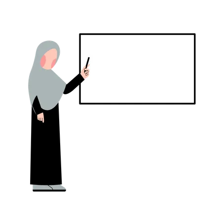 Female teacher is explaining chapter stepwise on blackboard  Illustration