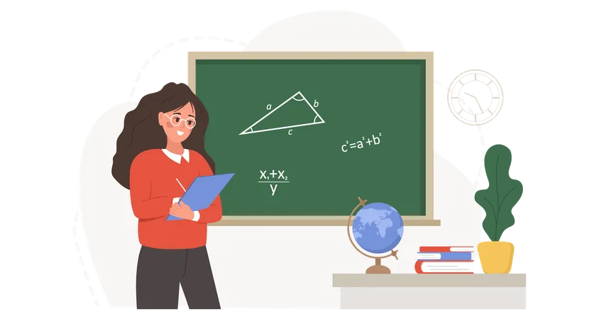 Female Teacher In Classroom Pedagogue At Lecture At Chalkboard School And College Concept Vector Illustration In Flat Cartoon Style Illustration