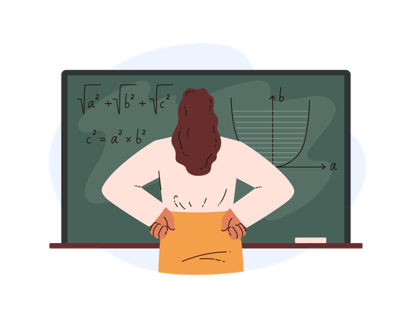 Female teacher makes mathematical calculations on a chalk board  Illustration