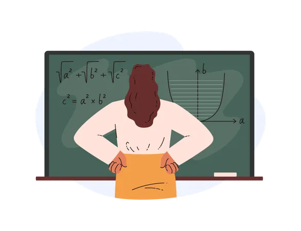 Female teacher makes mathematical calculations on a chalk board  Illustration