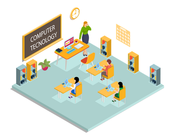 Female teacher teaching computer technologies  Illustration