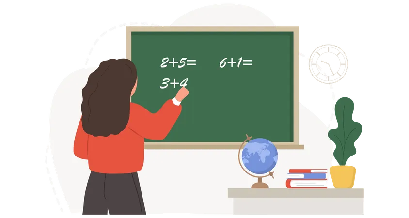 Female Teacher In Classroom Pedagogue Writes On Chalkboard School And College Concept Vector Illustration In Flat Cartoon Style Illustration