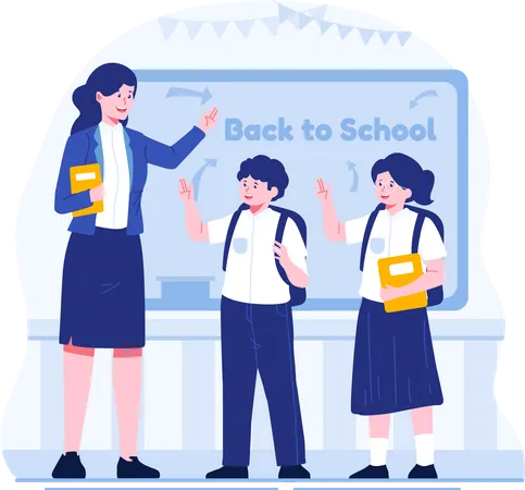 Back To School Concept Illustration A Female Teacher Welcomes Students Into The Class Illustration