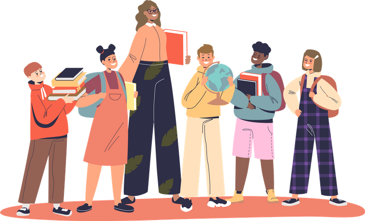 Female teacher with students Illustration