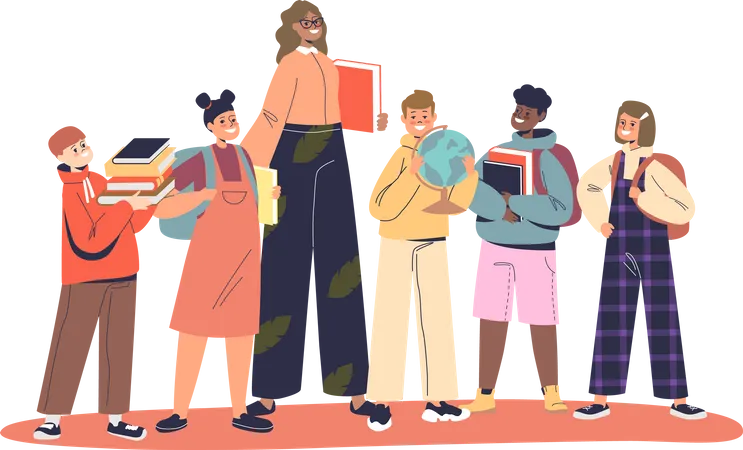 Female teacher with students Illustration