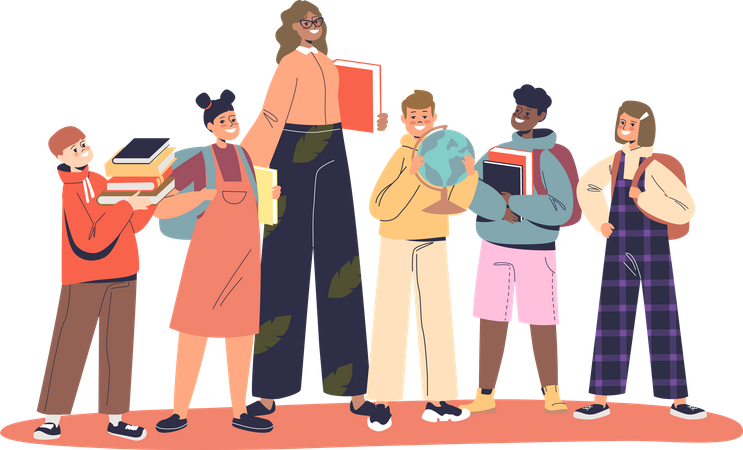 Female teacher with students  Illustration