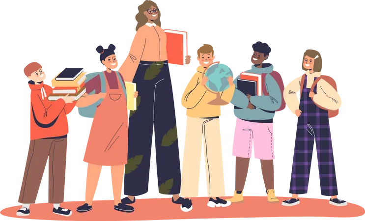 Female teacher with students  Illustration