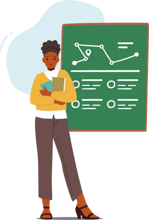 Female Teacher With Textbook Stand At Blackboard Teach Lesson Illustration
