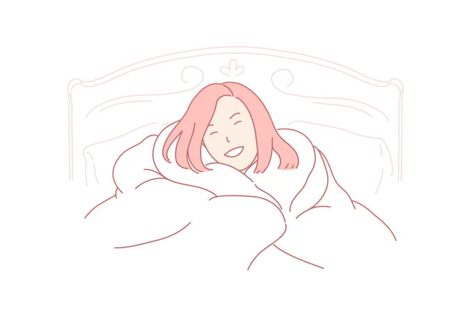Good Morning Home Coziness Awaking Woman Concept Positive Emotion Day Beginning Good Mood Smiling Girl Basking In Bed Female Teenager Wrapping Up In Blanket Simple Flat Vector Illustration