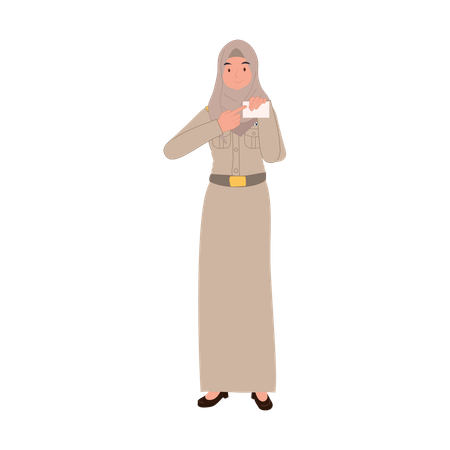 Female thai muslim civil servant attire presenting official id card  Illustration