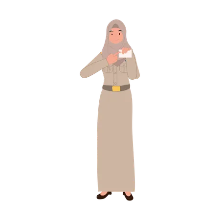 Female thai muslim civil servant attire presenting official id card  Illustration