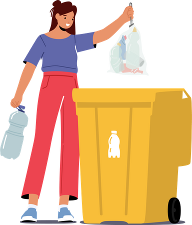 Female Throw Trash into Litter Bin with Bottle Sign  Illustration