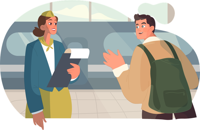 Female ticket checker with passenger  Illustration