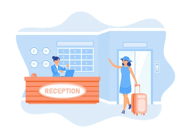 Female tourist carrying suitcase in hotel lobby for check in  Illustration