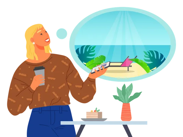 Tourist Chooses Place To Travel On Phone Screen Happy Cartoon Traveler Searching For Country In Mobile Application Summer Vacation And Recreation Concept Girl Looking For Resort On Travel Website Illustration