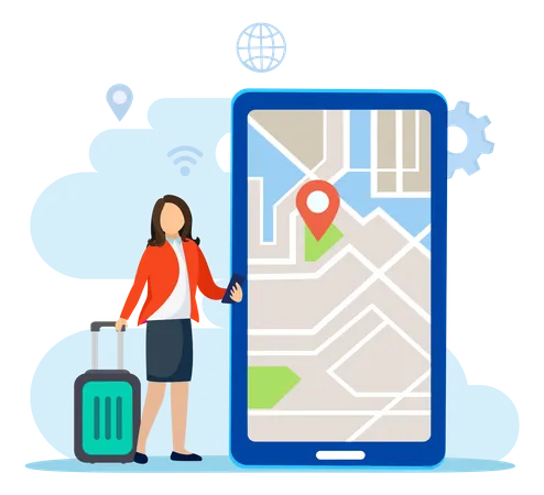 Online Maps Technology Woman With A Smartphone Digital Maps Navigation And Direction Flat Vector Template Style Suitable For Web Landing Pages イラスト
