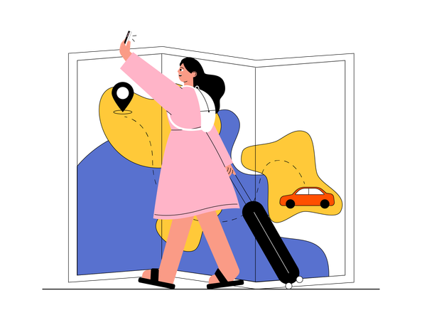 Female tourist finding way to camp  Illustration