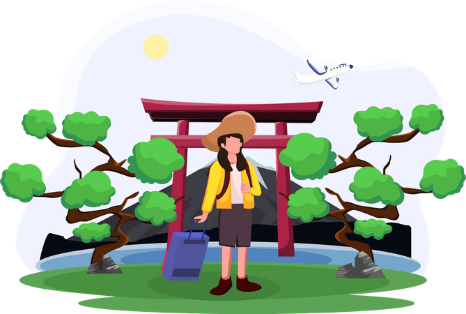 Female tourist going to Holiday in Japan Illustration
