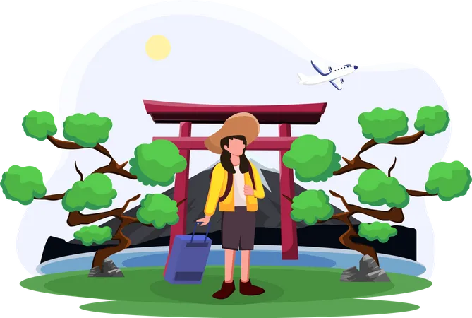 Female tourist going to Holiday in Japan  Illustration