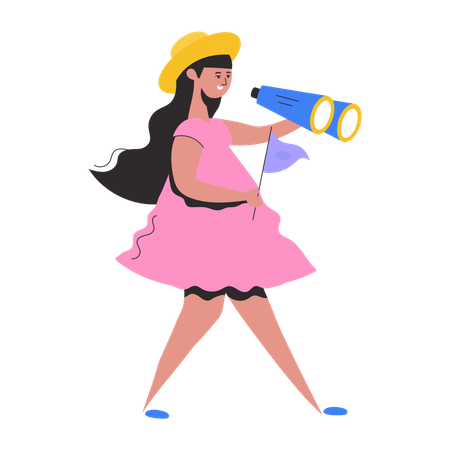 Female Tourist Guide holding telescope with flag  Illustration