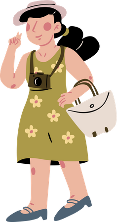 Female tourist heading towards beach  Illustration